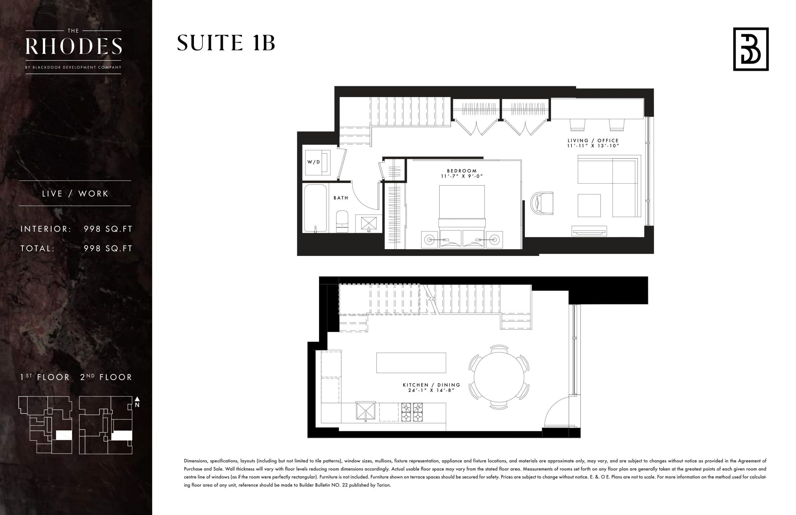 Suite 1B Floor Plan at The Rhodes Condos - 998 sq.ft