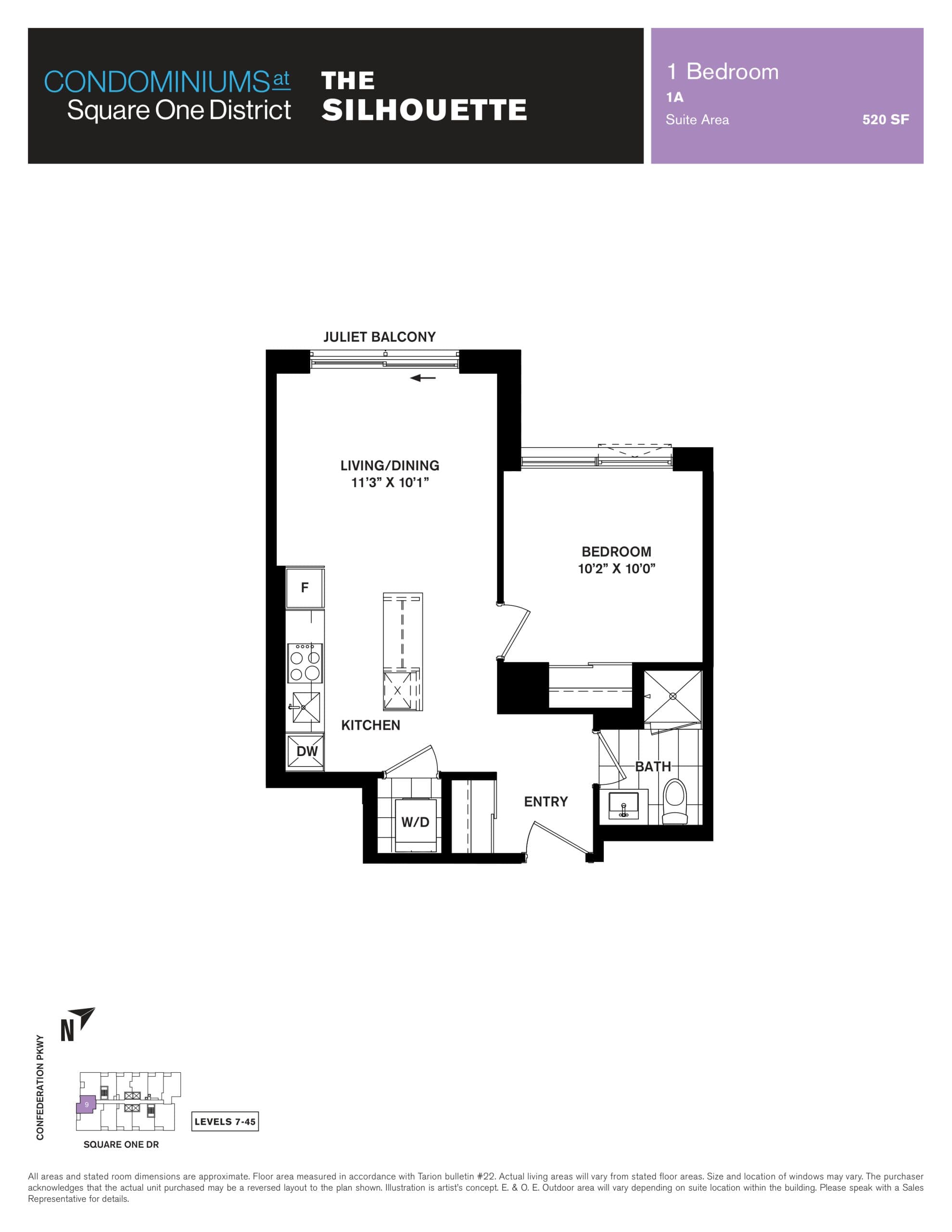 The Silhouette Floor Plan at Condominiums at Square One District - 520 sq.ft