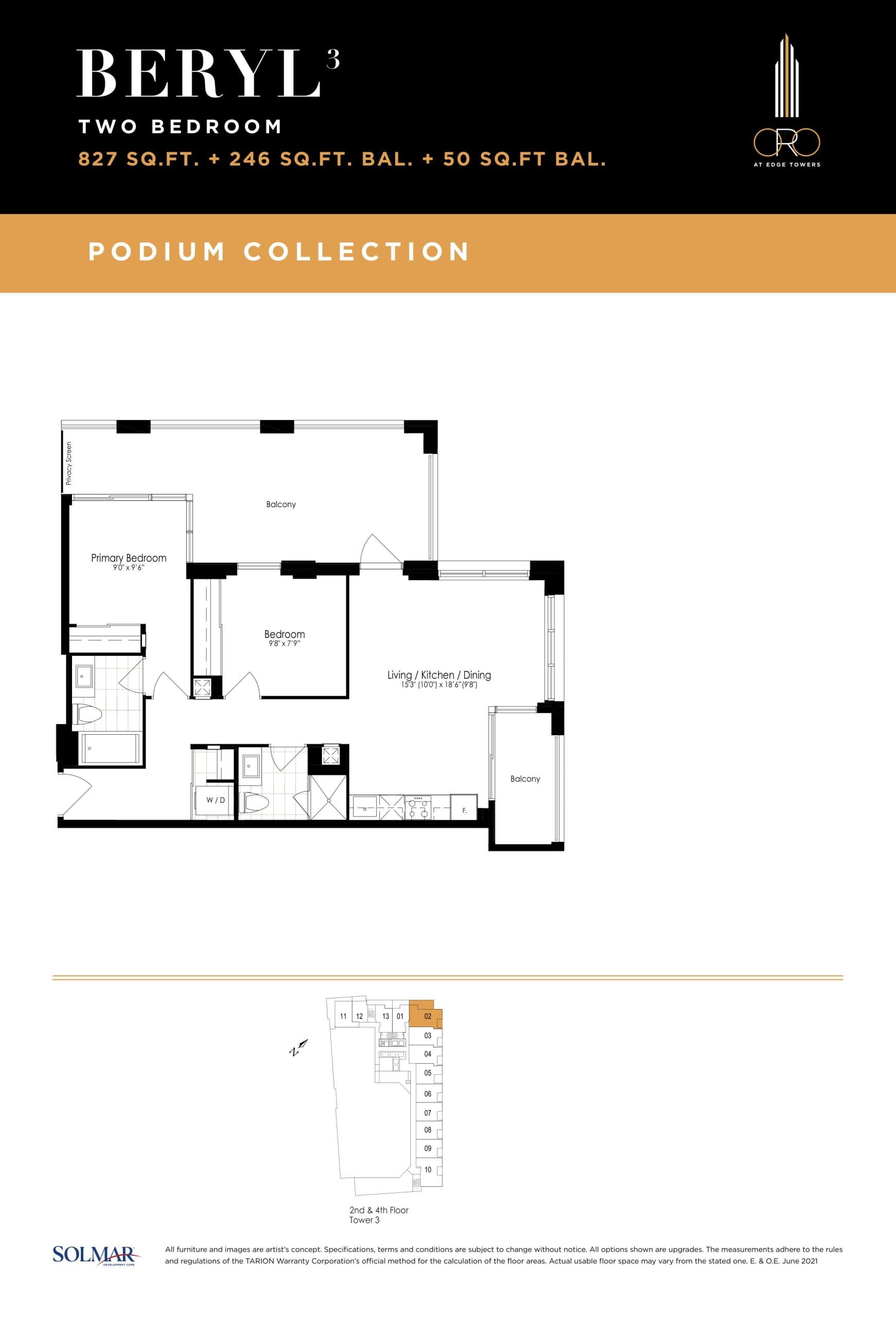 Beryl Floor Plan at ORO at Edge Towers Condos - 827 sq.ft