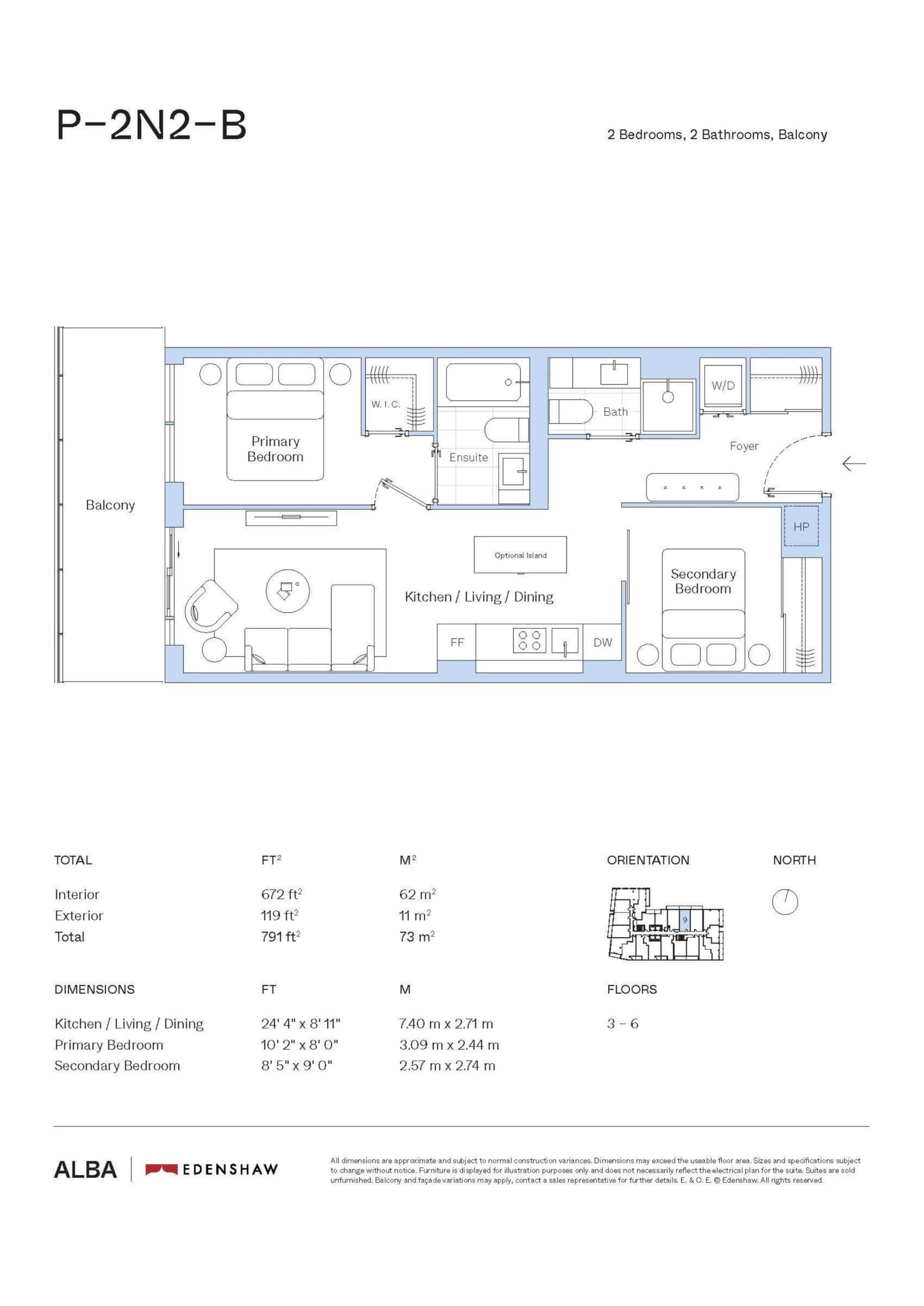 P-2N2-B Floor Plan at Alba Condos - 672 sq.ft