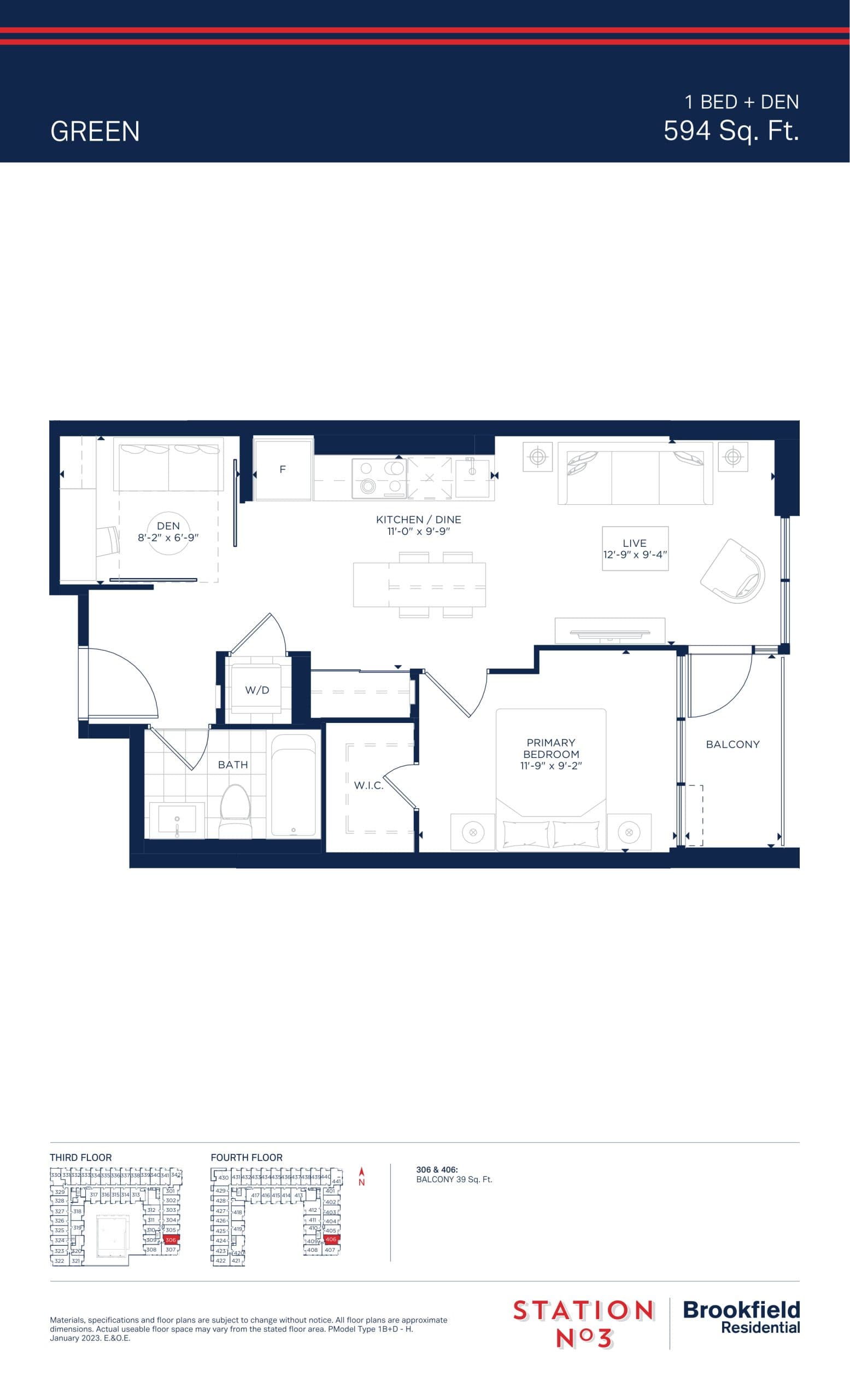 Green Floor Plan at Station No. 3 Condos - 594 sq.ft