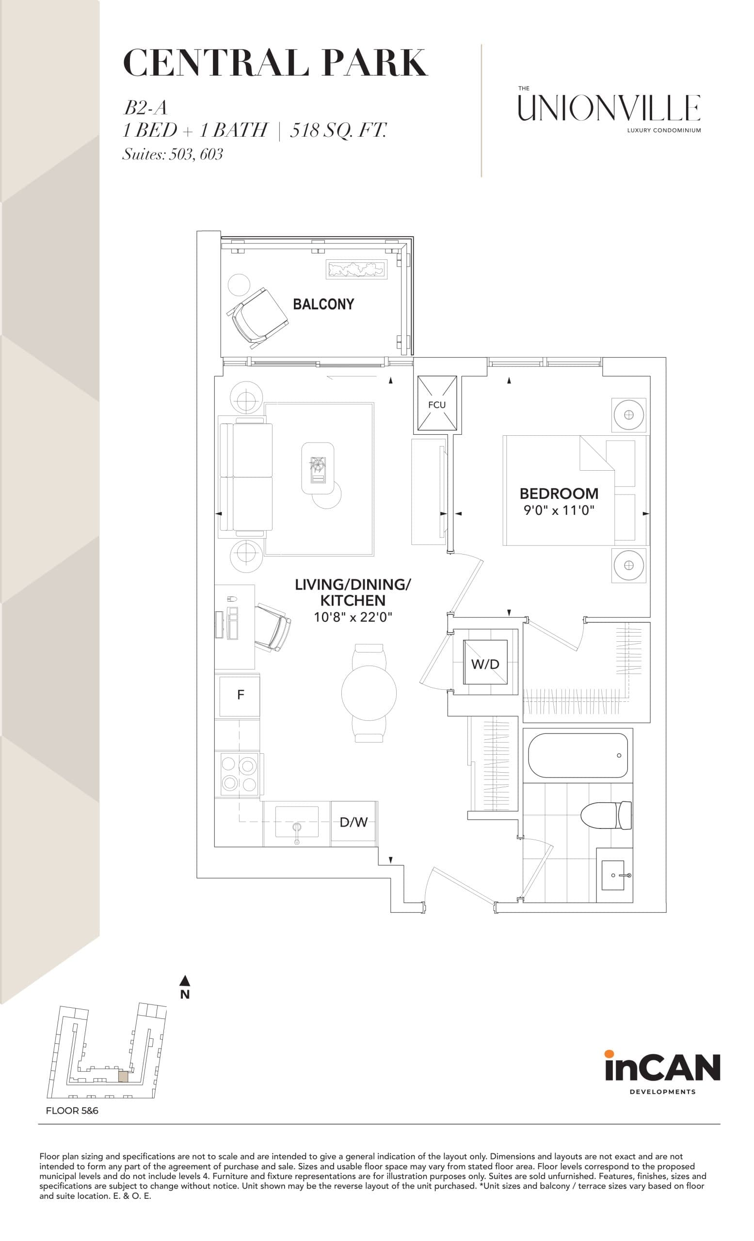 Central Park B2-A Floor Plan at The Unionville Condos - 518 sq.ft