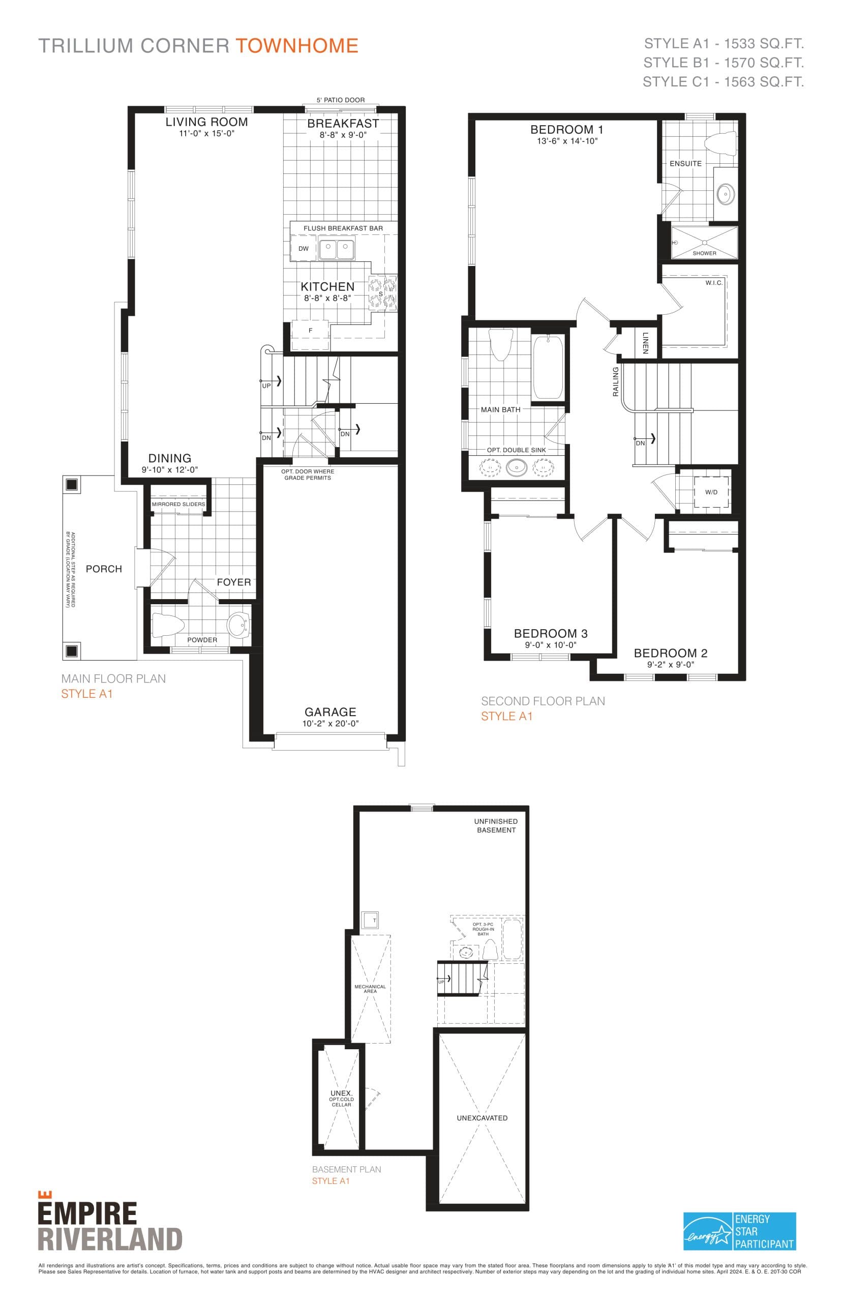 Trillium Corner (20' Towns) Floor Plan at Empire Riverland Homes - 1570 sq.ft