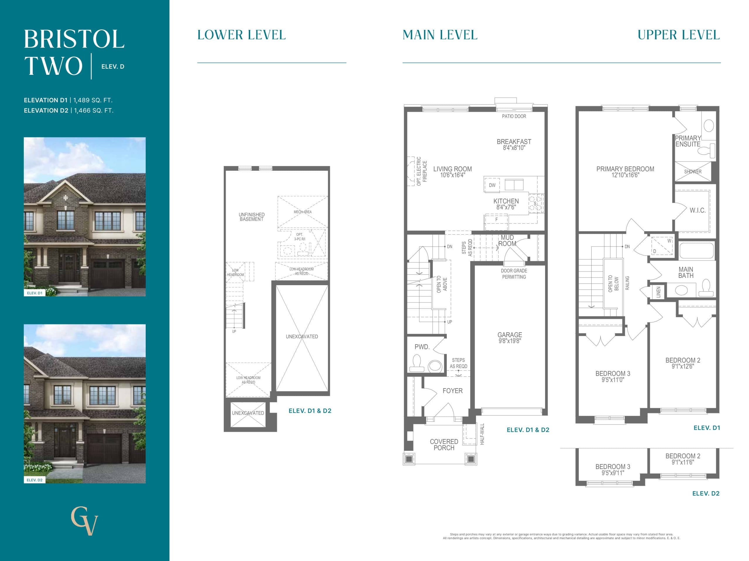 Bristol Two - Elevation D Floor Plan at Georgina View by Treasure Hill Homes - 1466 sq.ft